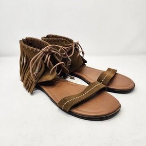 Minnetonka Havana Brown Suede Fringe Sandal Flats Womens 9 Lace Up Open Toes